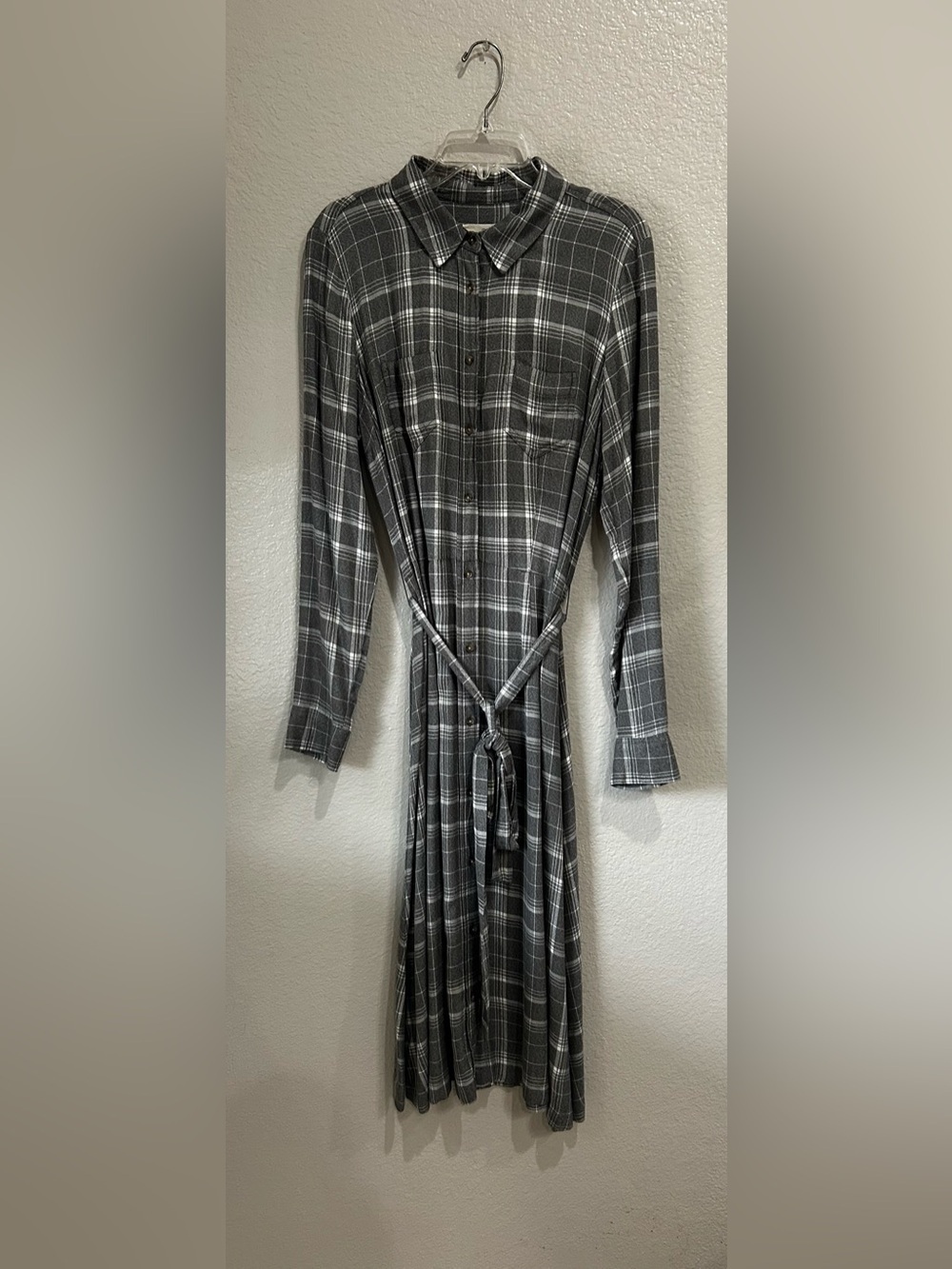 Universal Thread Gray Plaid Long-Sleeve Shirt Midi Dress Waist Tie Sz L TC0283